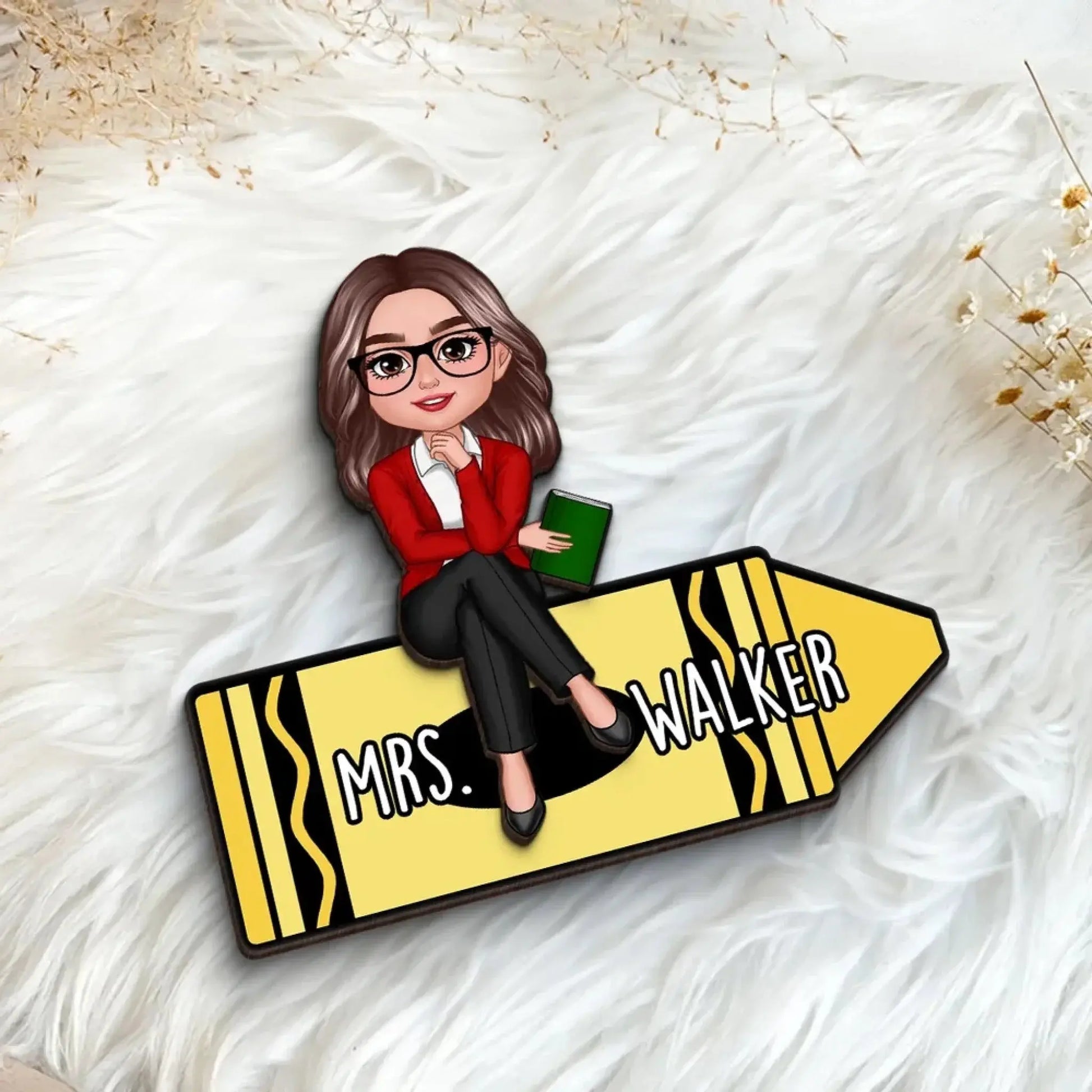 Personalized Teacher Crayon Plaque – Doll Character Sitting on Crayon, Back to School Wooden Desk Sign Gift  Ezcustomize