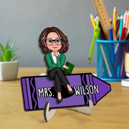 Personalized Teacher Crayon Plaque – Doll Character Sitting on Crayon, Back to School Wooden Desk Sign Gift  Ezcustomize