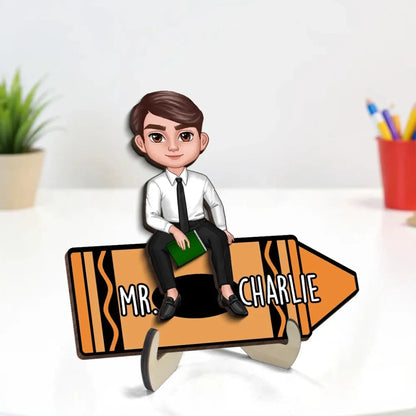 Personalized Teacher Crayon Plaque – Doll Character Sitting on Crayon, Back to School Wooden Desk Sign Gift  Ezcustomize