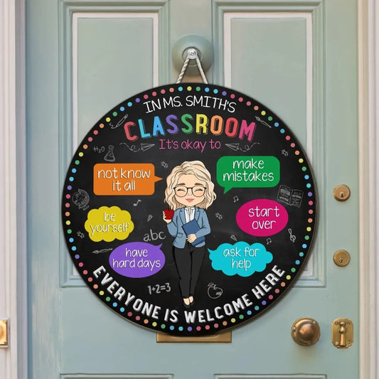 Personalized Teacher Wood Sign – “In My Classroom Everything Is Okay” Round Door Sign, Back to School Gift for Teachers, Classroom Welcome Decor  Ezcustomize