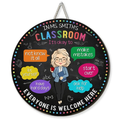 Personalized Teacher Wood Sign – “In My Classroom Everything Is Okay” Round Door Sign, Back to School Gift for Teachers, Classroom Welcome Decor  Ezcustomize