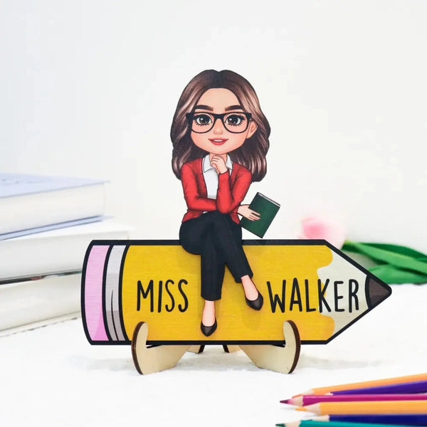 Personalized Teacher Wooden Desk Name Sign – Cute Doll Sitting on Pencil Plaque, Back to School Gift