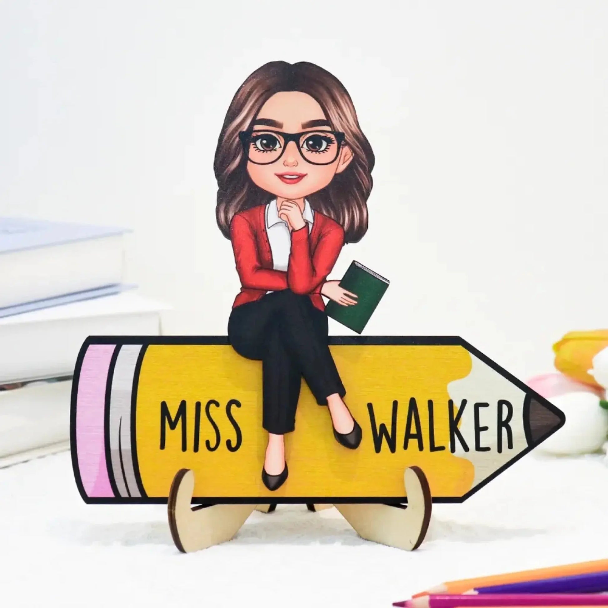 Personalized Teacher Wooden Desk Name Sign – Cute Doll Sitting on Pencil Plaque, Back to School Gift  Ezcustomize