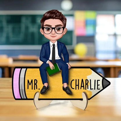 Personalized Teacher Wooden Desk Name Sign – Cute Doll Sitting on Pencil Plaque, Back to School Gift  Ezcustomize