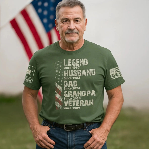Personalized Veteran Grandpa Shirt – Custom Legend Husband Dad Papa T-Shirt with Military Branch & Years