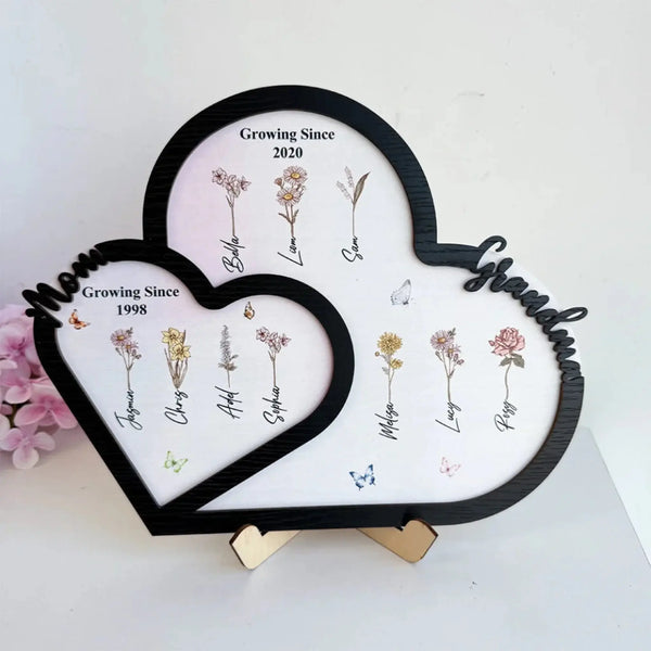 Personalized "First Mom, Now Grandma" Wooden Heart Plaque – Custom Birth Month Flower Gift for Moms & Grandmas
