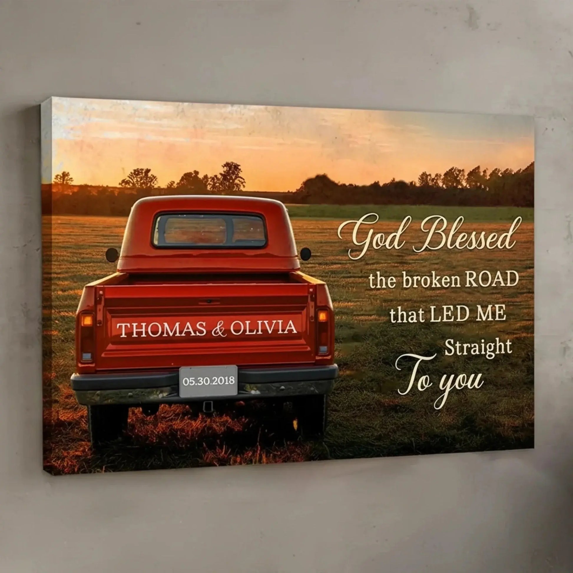 Personalized “God Blessed the Broken Road” Canvas with Couple Names, Custom Vintage Truck Wall Art, Wedding Anniversary Gift, Valentine Gift for Husband or Wife  Ezcustomize