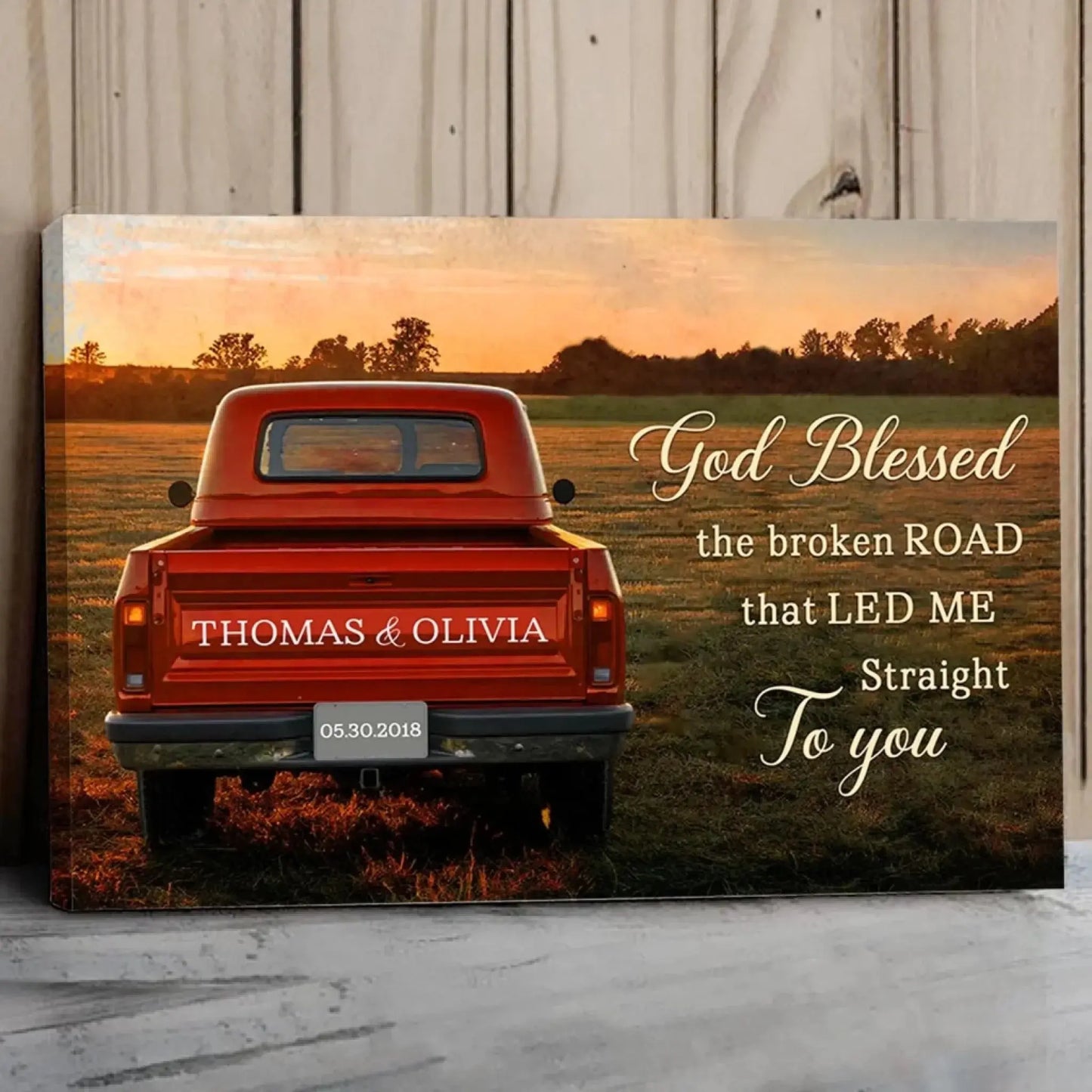 Personalized “God Blessed the Broken Road” Canvas with Couple Names, Custom Vintage Truck Wall Art, Wedding Anniversary Gift, Valentine Gift for Husband or Wife  Ezcustomize