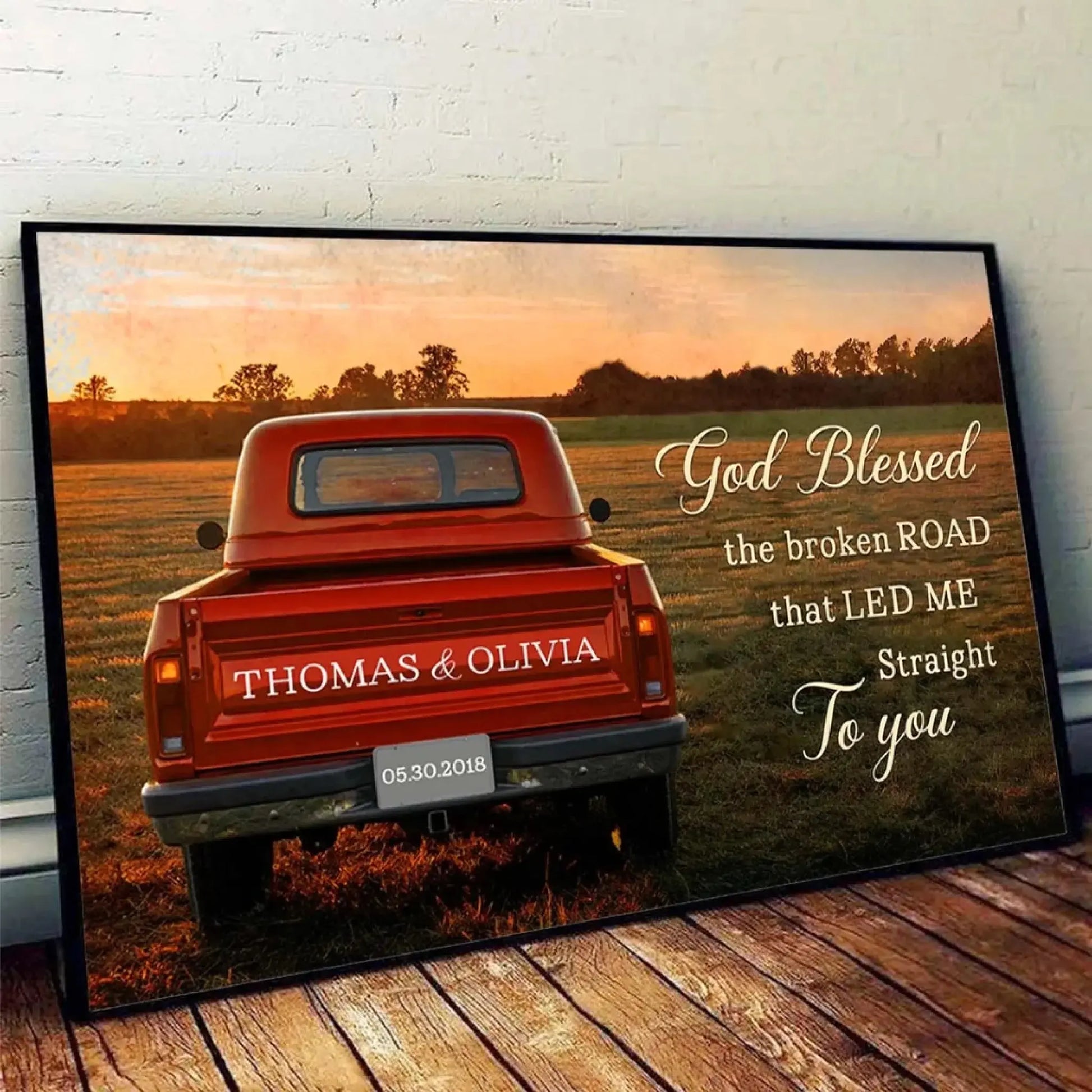 Personalized “God Blessed the Broken Road” Canvas with Couple Names, Custom Vintage Truck Wall Art, Wedding Anniversary Gift, Valentine Gift for Husband or Wife  Ezcustomize