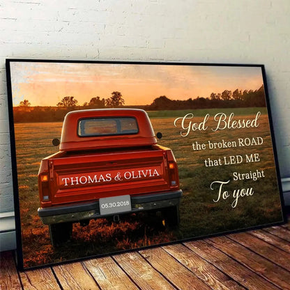 Personalized “God Blessed the Broken Road” Canvas with Couple Names, Custom Vintage Truck Wall Art, Wedding Anniversary Gift, Valentine Gift for Husband or Wife  Ezcustomize