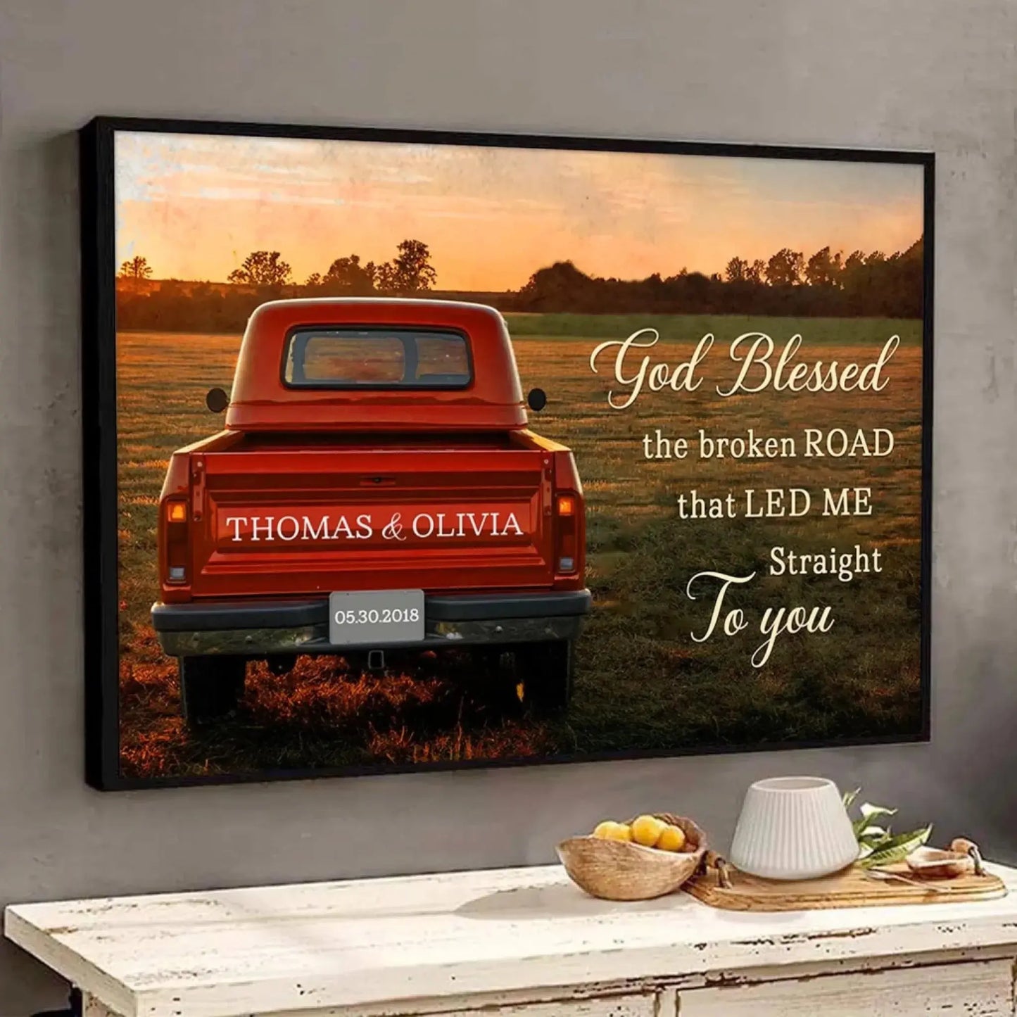 Personalized “God Blessed the Broken Road” Canvas with Couple Names, Custom Vintage Truck Wall Art, Wedding Anniversary Gift, Valentine Gift for Husband or Wife  Ezcustomize