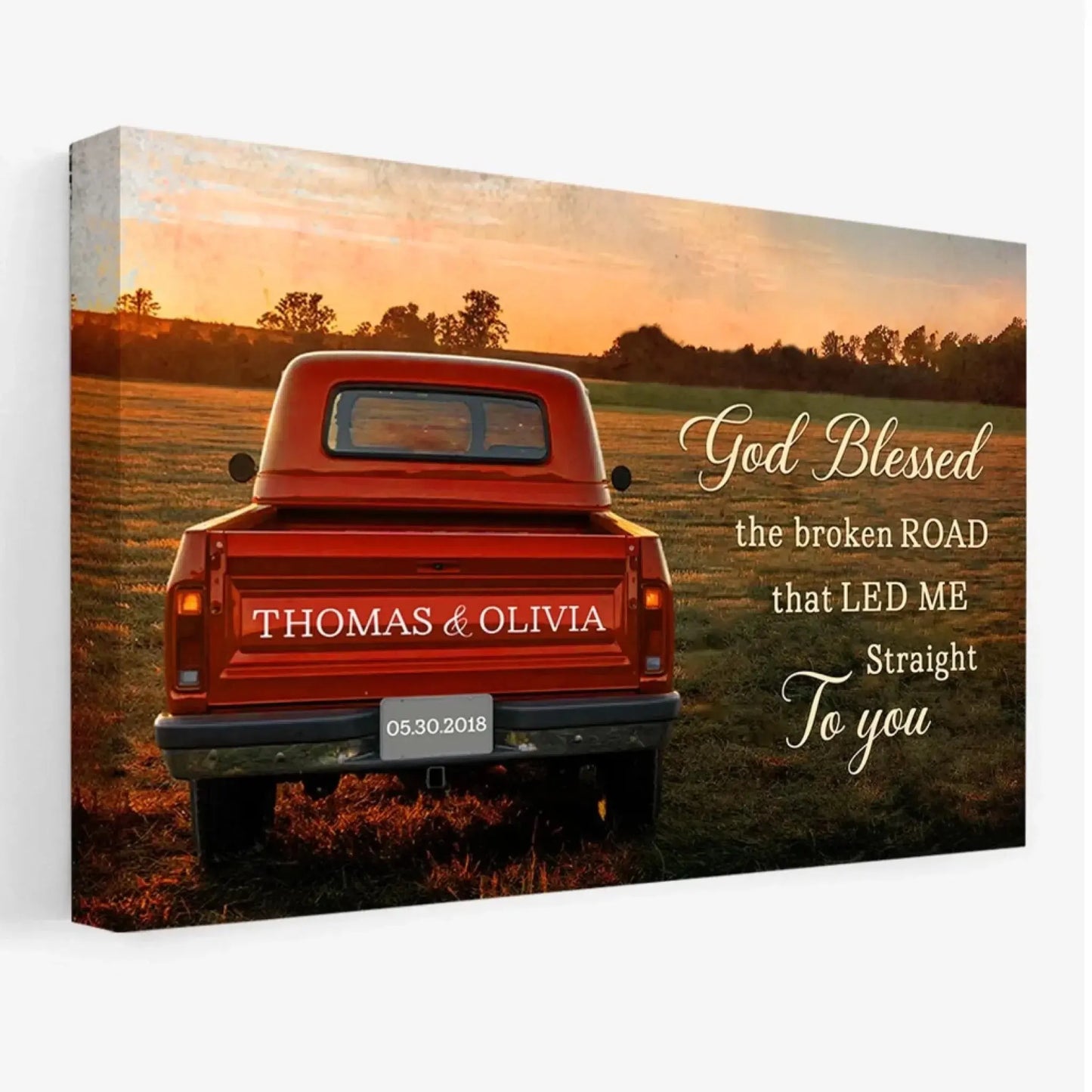 Personalized “God Blessed the Broken Road” Canvas with Couple Names, Custom Vintage Truck Wall Art, Wedding Anniversary Gift, Valentine Gift for Husband or Wife  Ezcustomize