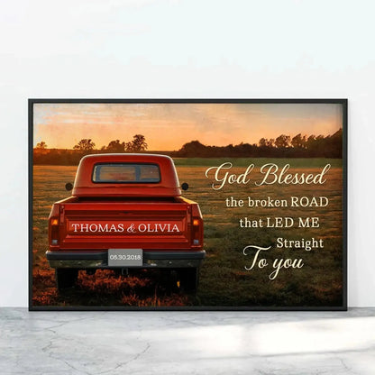 Personalized “God Blessed the Broken Road” Canvas with Couple Names, Custom Vintage Truck Wall Art, Wedding Anniversary Gift, Valentine Gift for Husband or Wife  Ezcustomize