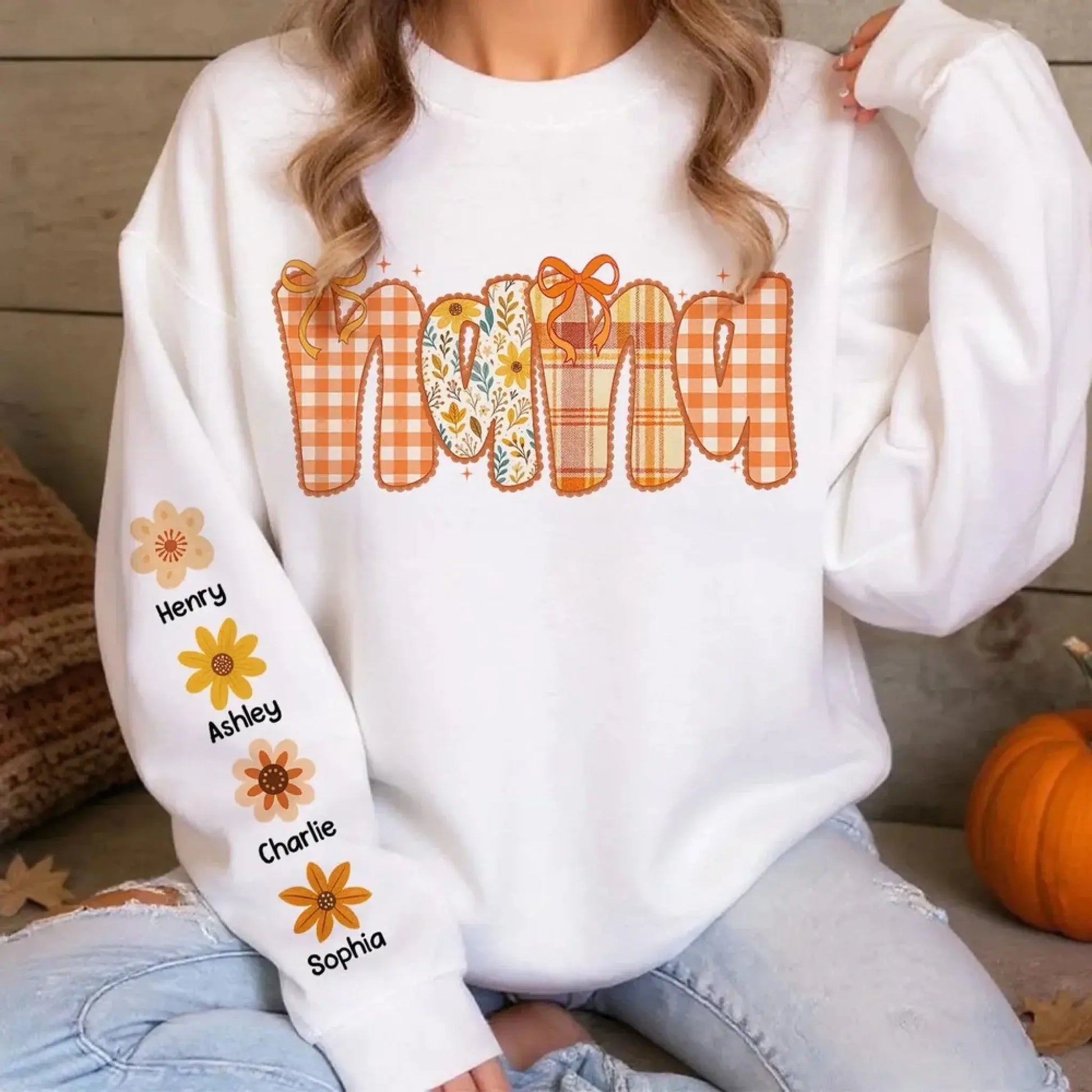 Preppy Retro Floral Fall – Personalized Sweatshirt for Mom & Grandma – Cozy Autumn Outfit & Heartfelt Seasonal Gift for Her  Ezcustomize
