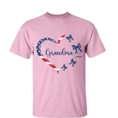 Proud American Grandma Shirt – Personalized Heart Bow T-Shirt with Grandkids' Names – 4th of July Gift for Mom, Nana, Mimi  Ezcustomize
