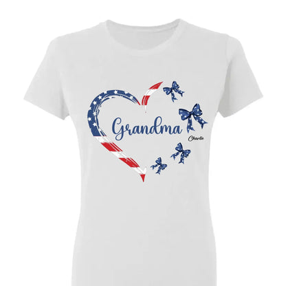 Proud American Grandma Shirt – Personalized Heart Bow T-Shirt with Grandkids' Names – 4th of July Gift for Mom, Nana, Mimi  Ezcustomize