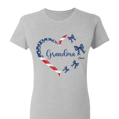 Proud American Grandma Shirt – Personalized Heart Bow T-Shirt with Grandkids' Names – 4th of July Gift for Mom, Nana, Mimi  Ezcustomize
