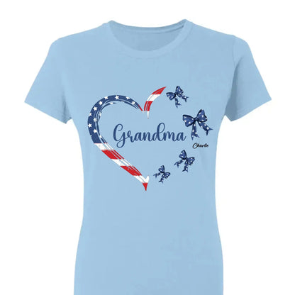 Proud American Grandma Shirt – Personalized Heart Bow T-Shirt with Grandkids' Names – 4th of July Gift for Mom, Nana, Mimi  Ezcustomize