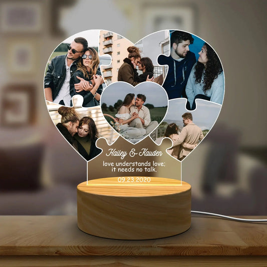 Puzzle Heart Custom Photo LED Night Light – Personalized Acrylic Lamp with Names, Date & Pictures, Romantic Gift for Wedding, Engagement or Anniversary  Ezcustomize