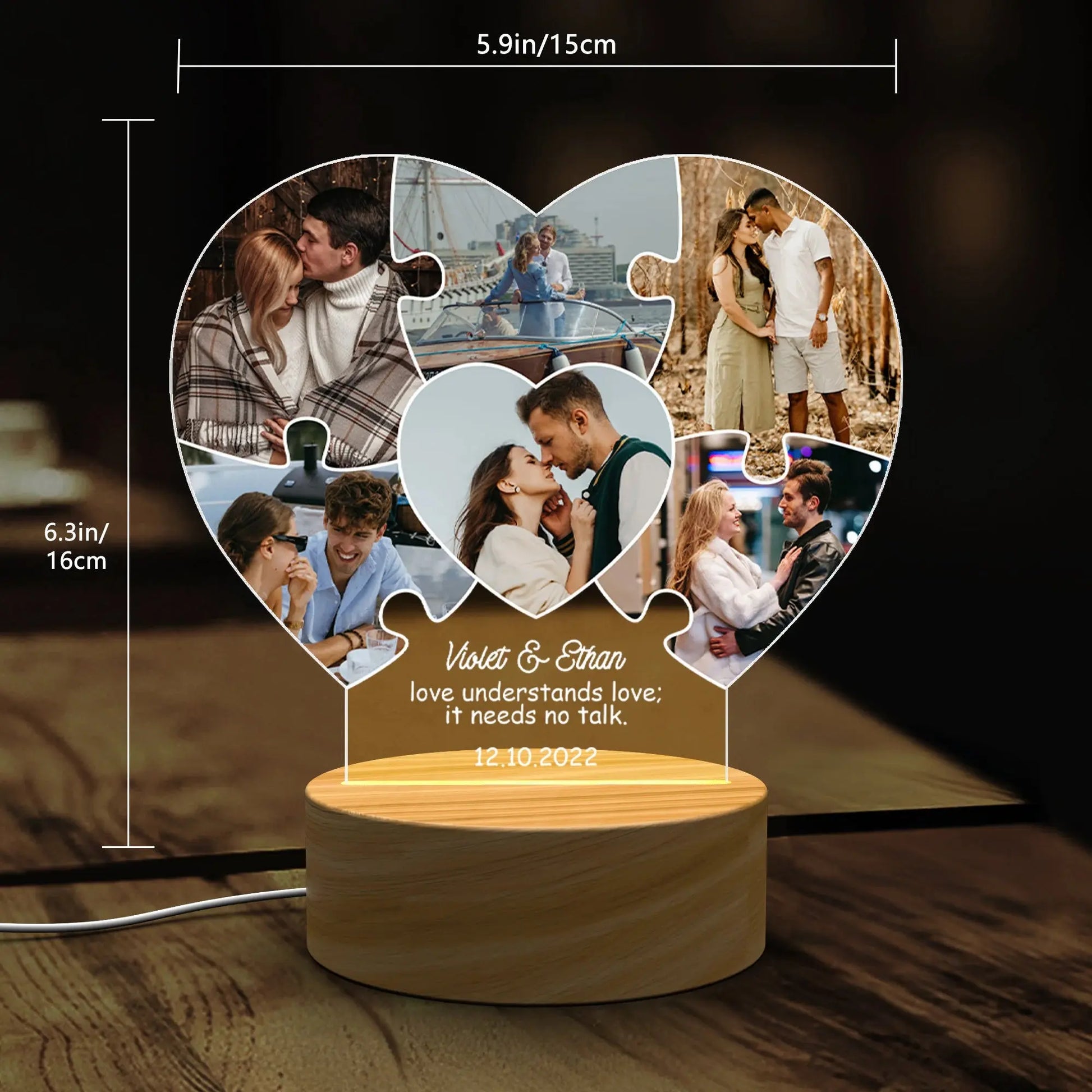Puzzle Heart Custom Photo LED Night Light – Personalized Acrylic Lamp with Names, Date & Pictures, Romantic Gift for Wedding, Engagement or Anniversary  Ezcustomize