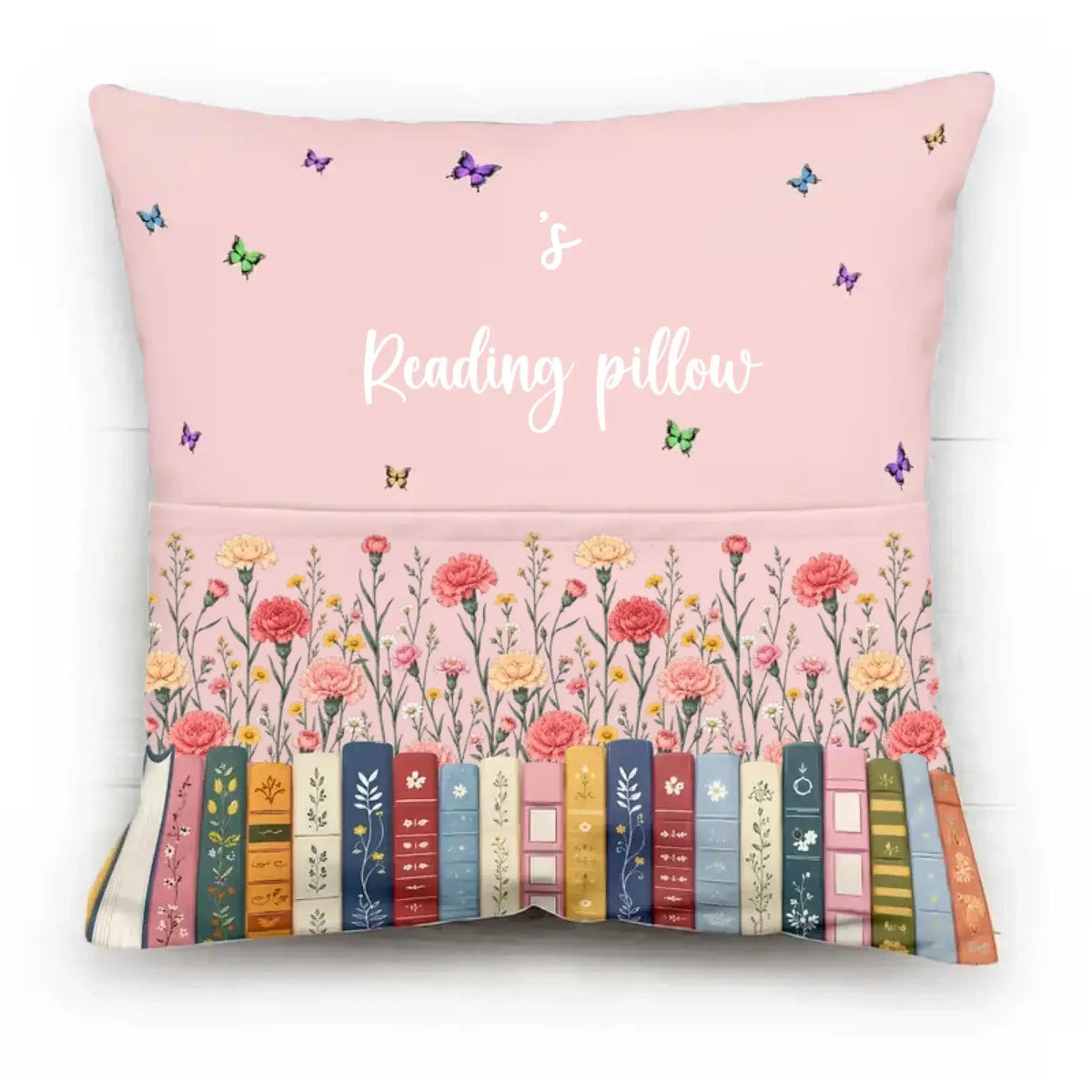 Reading Pillow with Floral Bookshelf – Personalized Pocket Pillow – Gift for Book Lovers, Readers, Women