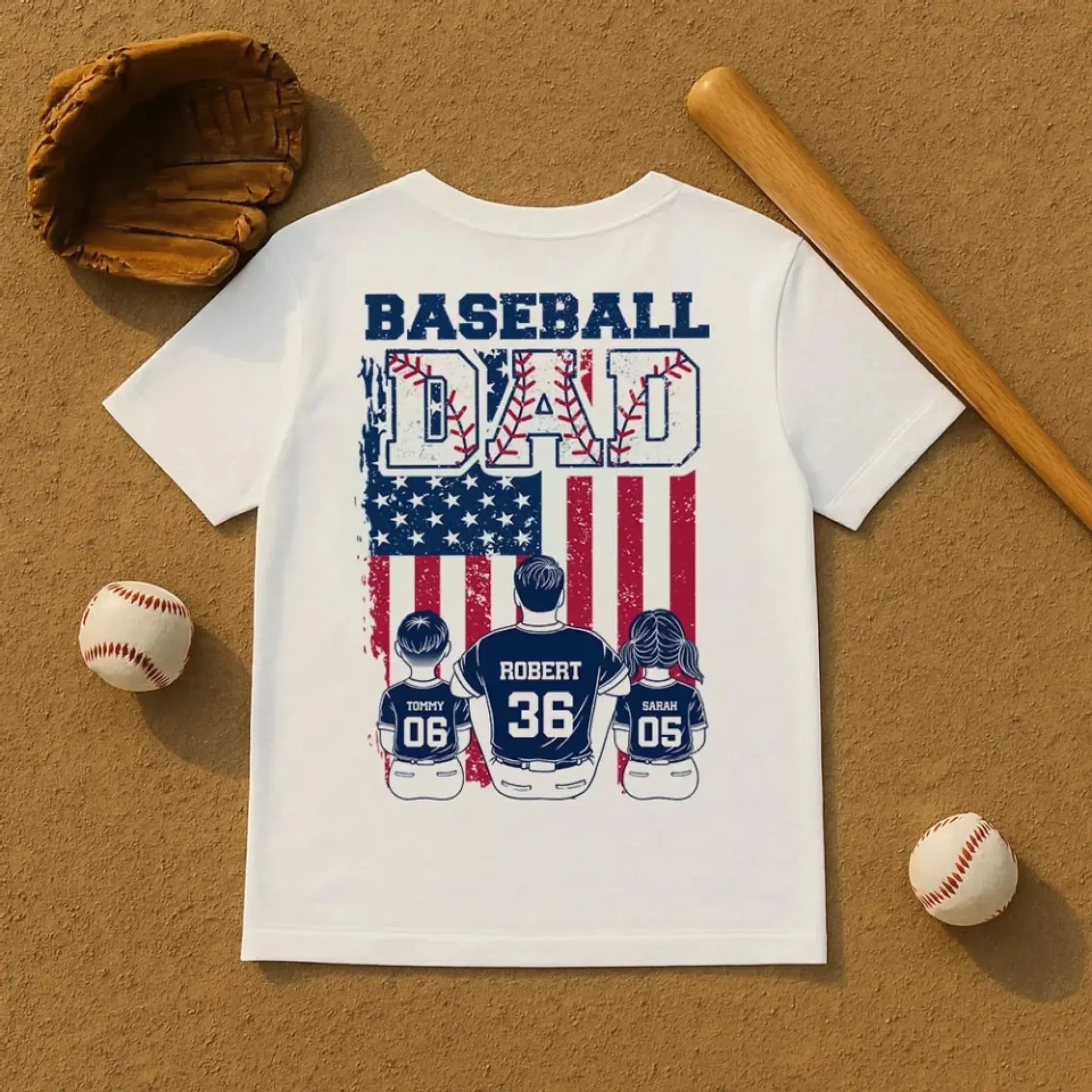 Retro Baseball Dad & Kids Flag Shirt – Personalized T-Shirt – Custom Gift for Proud Baseball Dads on Father’s Day or Game Day  Ezcustomize