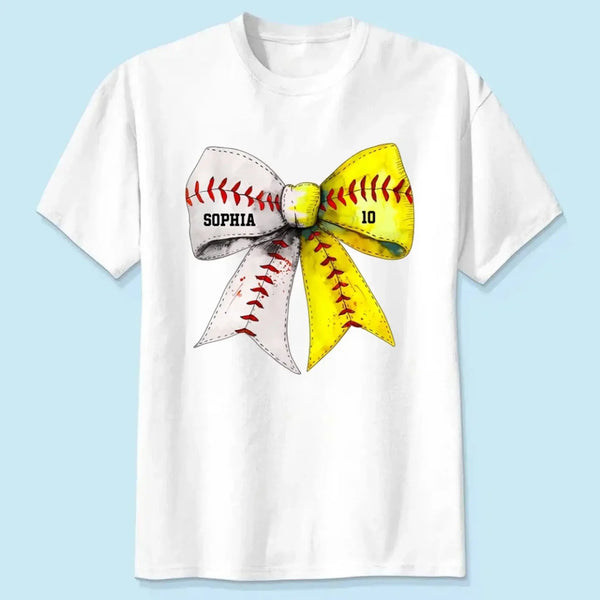 Retro Coquette Softball Bow - Personalized T-Shirt, Gift for Baseball/Softball Mom, Sport Mom Shirt