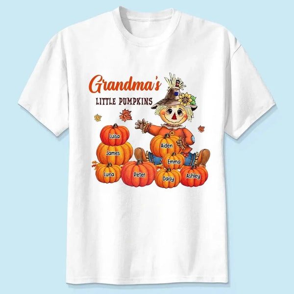 Scarecrow Grandma Pumpkin Shirt – Personalized Fall T-Shirt with Grandkids' Names – Autumn Gift for Nana, Mimi, Mom, Wife