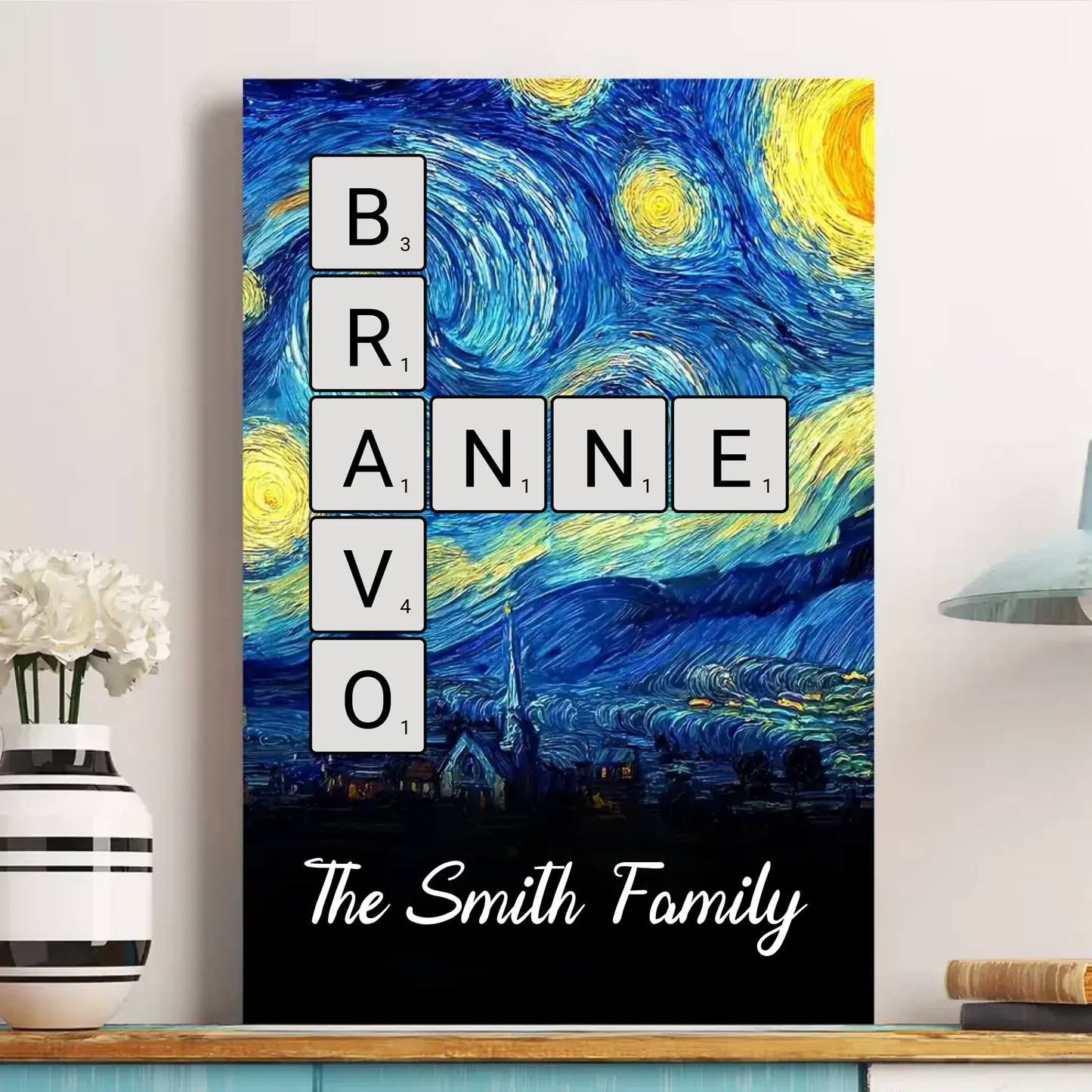 Scrabble Name Van Gogh Style – Personalized Poster/Canvas – Unique Custom Gift for Family, Friends, or Couples  Ezcustomize