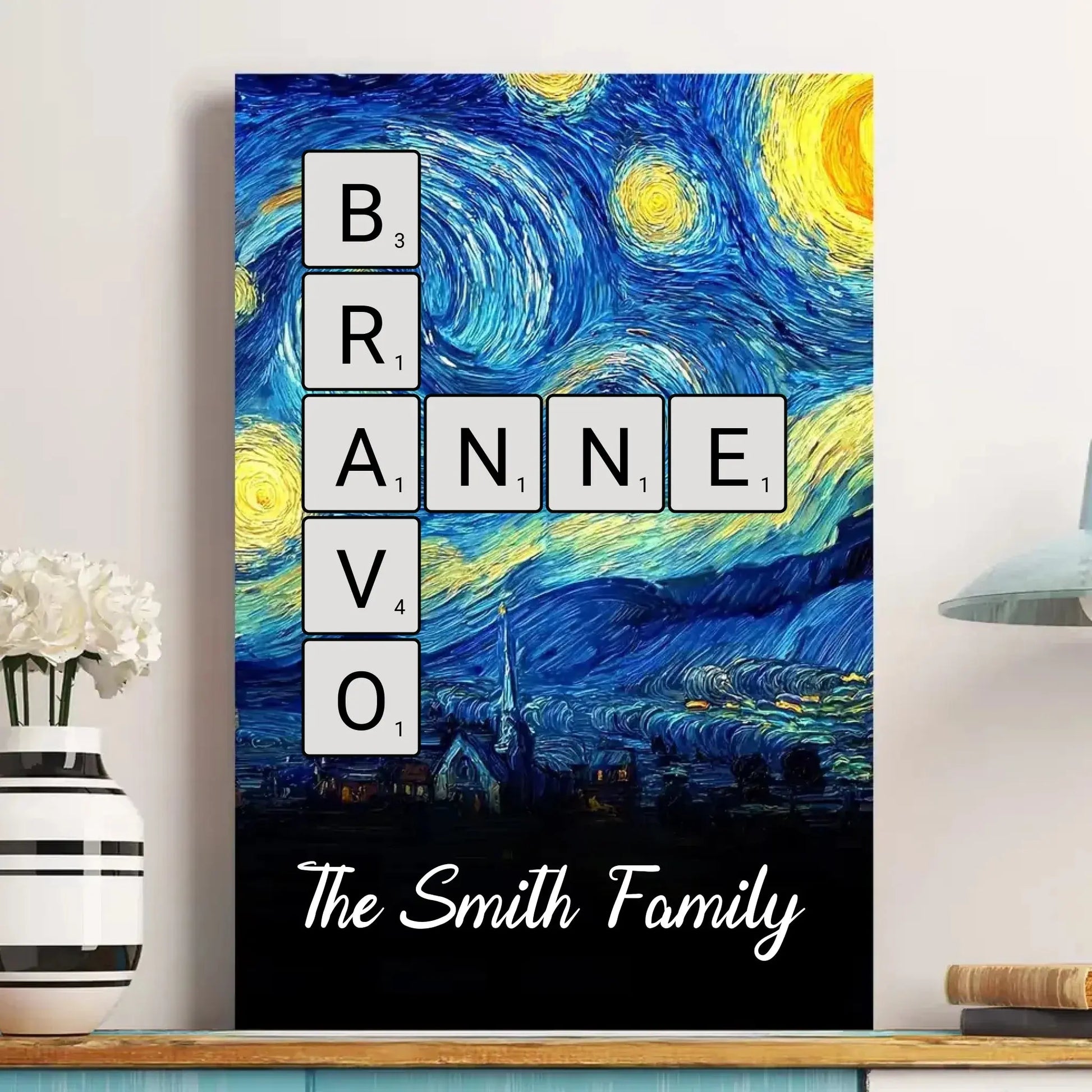 Scrabble Name Van Gogh Style – Personalized Poster/Canvas – Unique Custom Gift for Family, Friends, or Couples  Ezcustomize