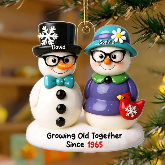 Snowman Couple Growing Old Together – Personalized 3D Effect Acrylic Ornament – Heartwarming Christmas Gift for Couples in Love  Ezcustomize