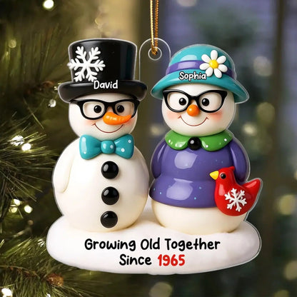 Snowman Couple Growing Old Together – Personalized 3D Effect Acrylic Ornament – Heartwarming Christmas Gift for Couples in Love  Ezcustomize