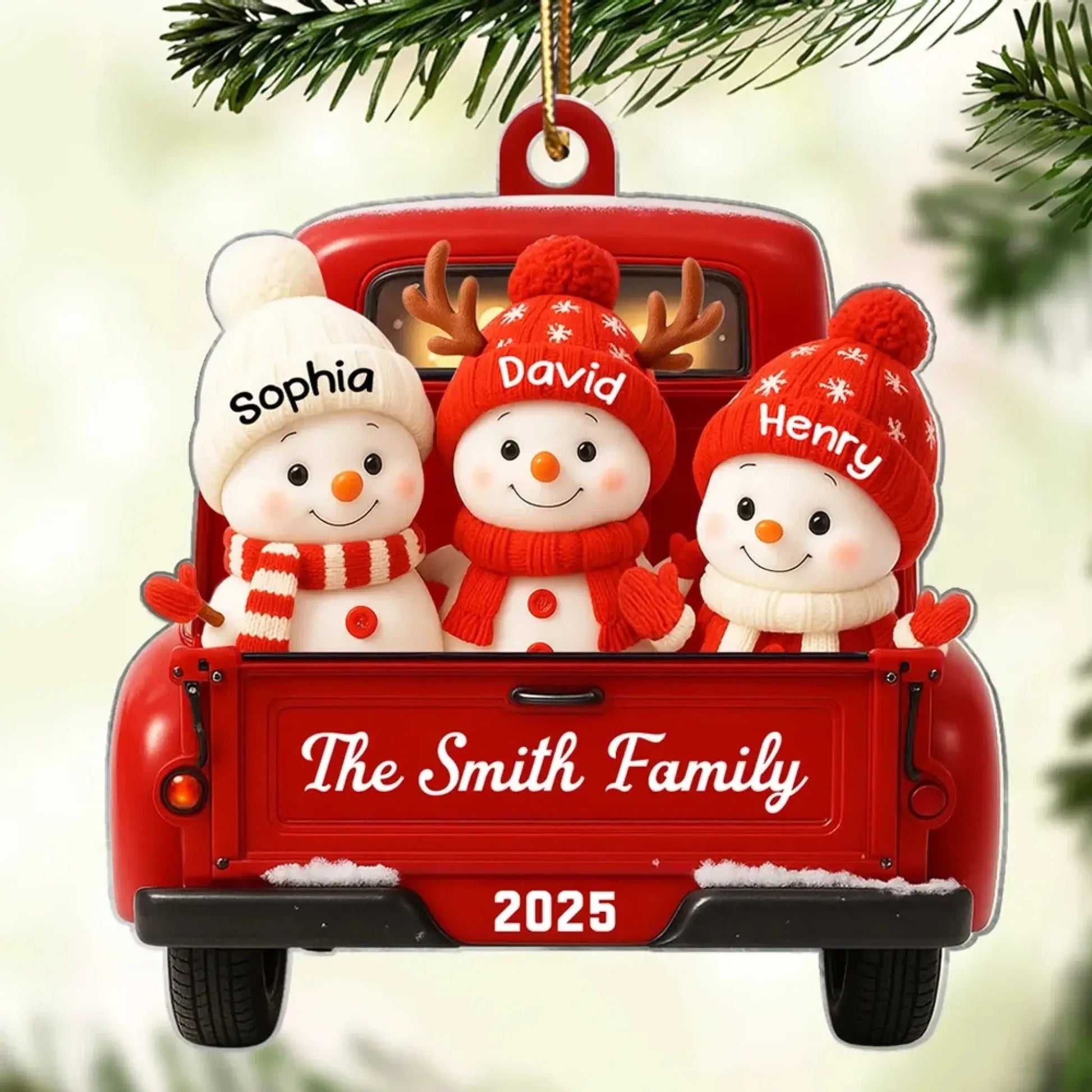 Snowman Family in Red Truck – Personalized Christmas Acrylic Ornament – Festive Holiday Décor & Meaningful Gift for Family & Home  Ezcustomize
