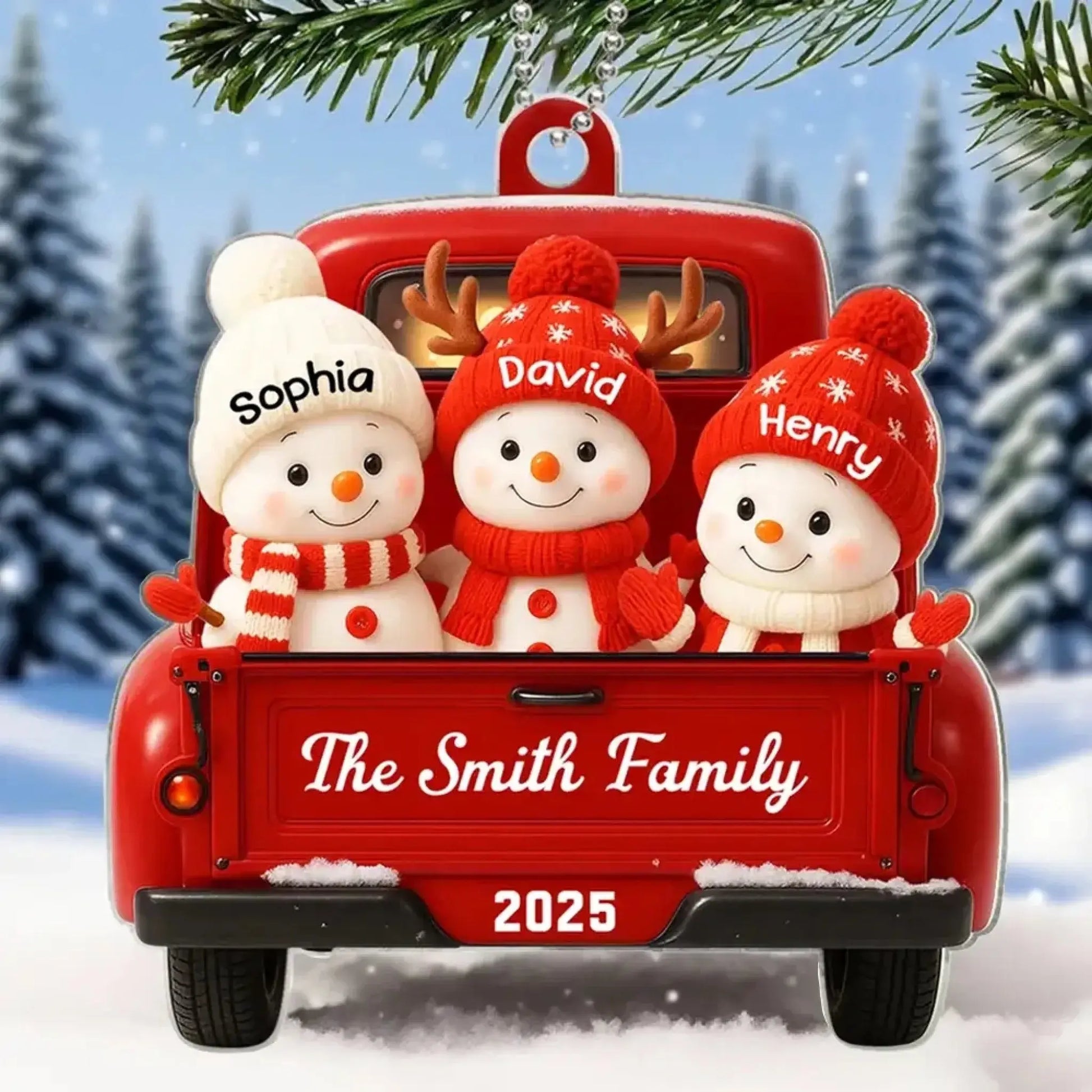 Snowman Family in Red Truck – Personalized Christmas Acrylic Ornament – Festive Holiday Décor & Meaningful Gift for Family & Home  Ezcustomize
