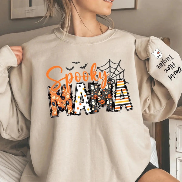 Spooky Mama Halloween Sweatshirt – Personalized Fall Shirt with Kids’ Names on Sleeve – Custom Halloween Gift for Mom