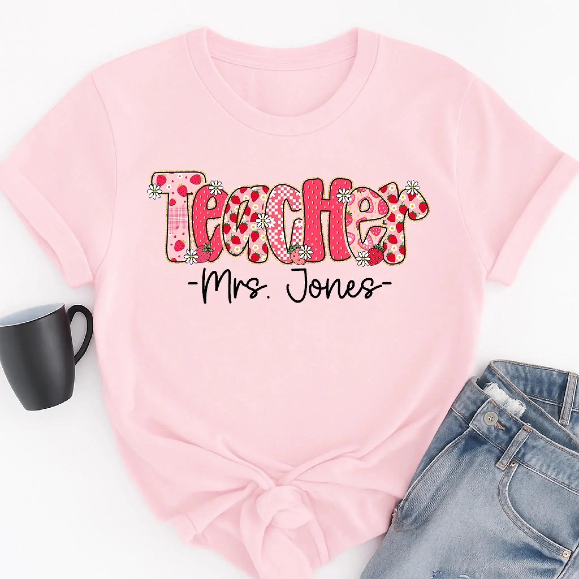 Strawberry Teacher Shirt with Custom Title and Name – Cute Personalized Gift for Teacher, Para, Librarian, Counselor  Ezcustomize