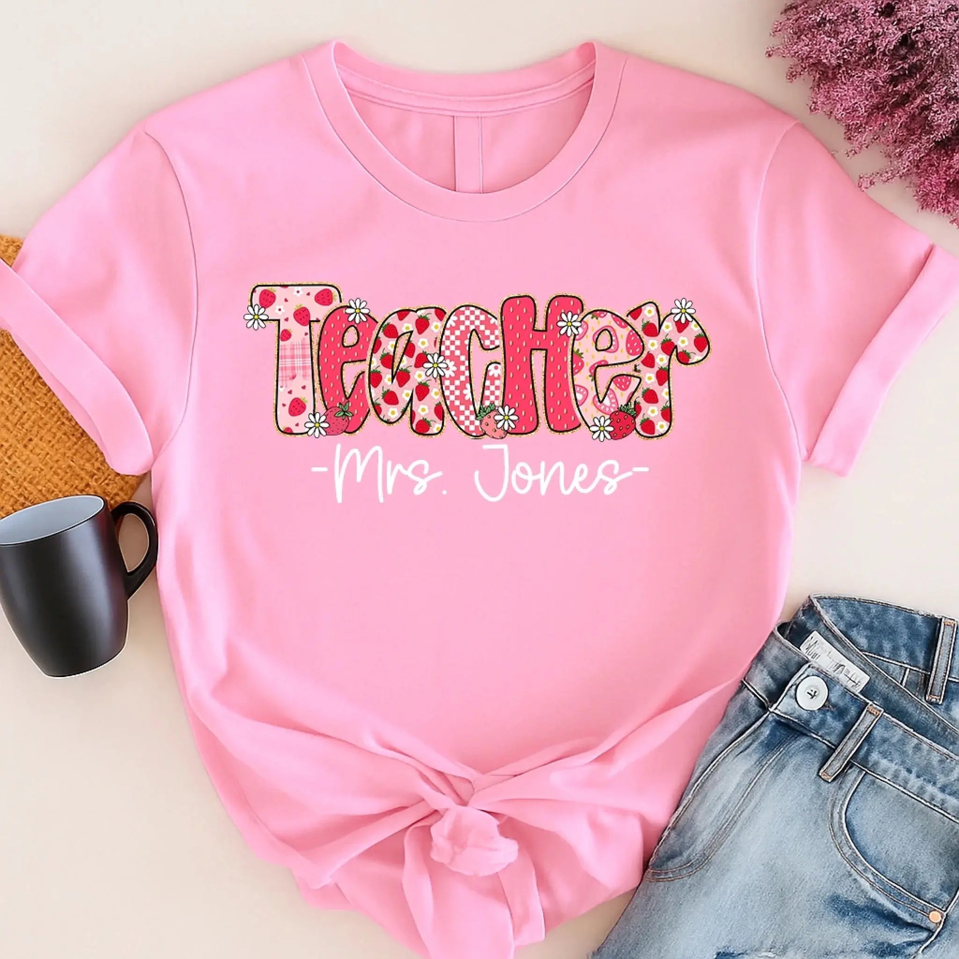Strawberry Teacher Shirt with Custom Title and Name – Cute Personalized Gift for Teacher, Para, Librarian, Counselor  Ezcustomize