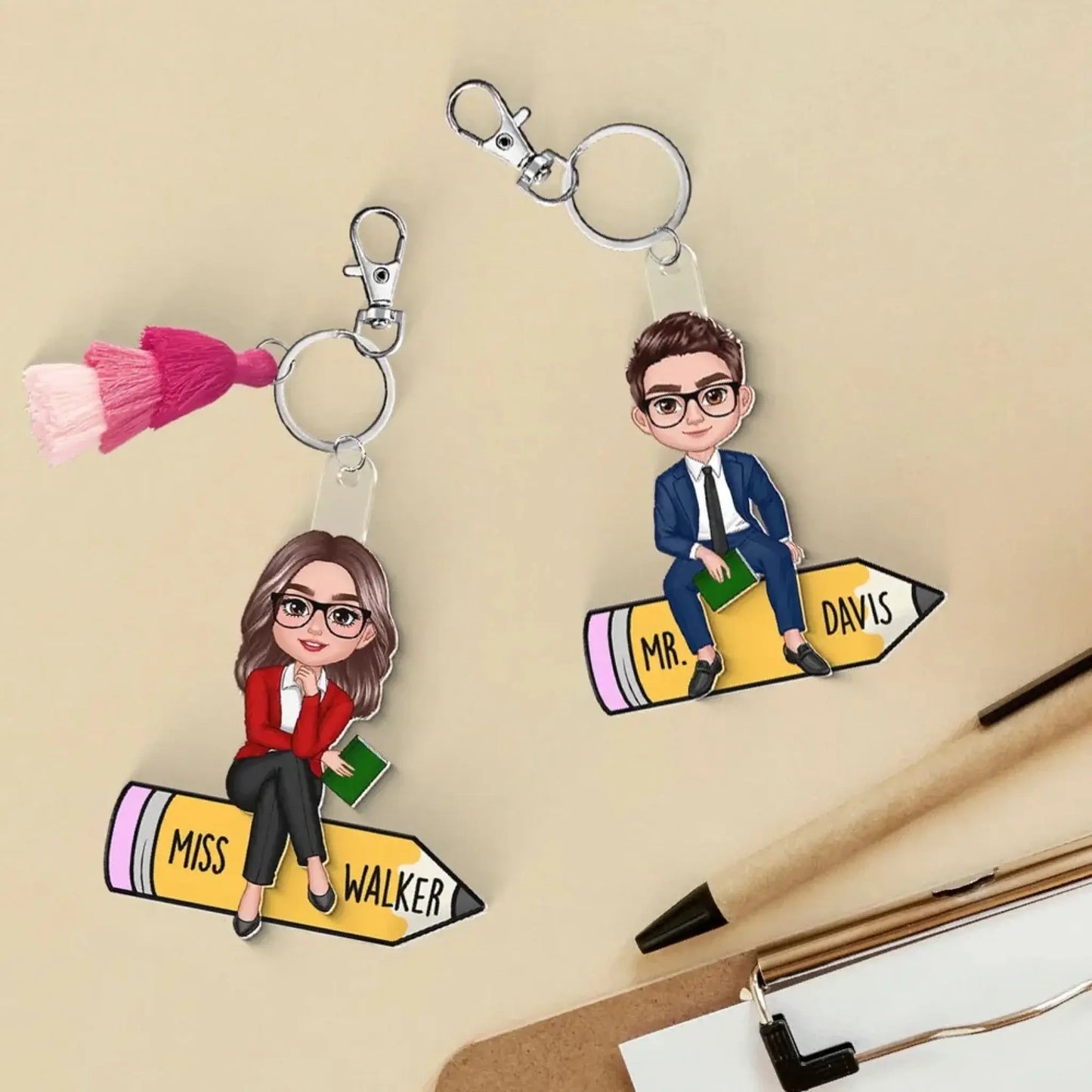 Teacher Sitting On Pencil – Personalized 2-Layer Acrylic Keychain – Custom Back To School Gift for Teachers, Classroom Accessories  Ezcustomize