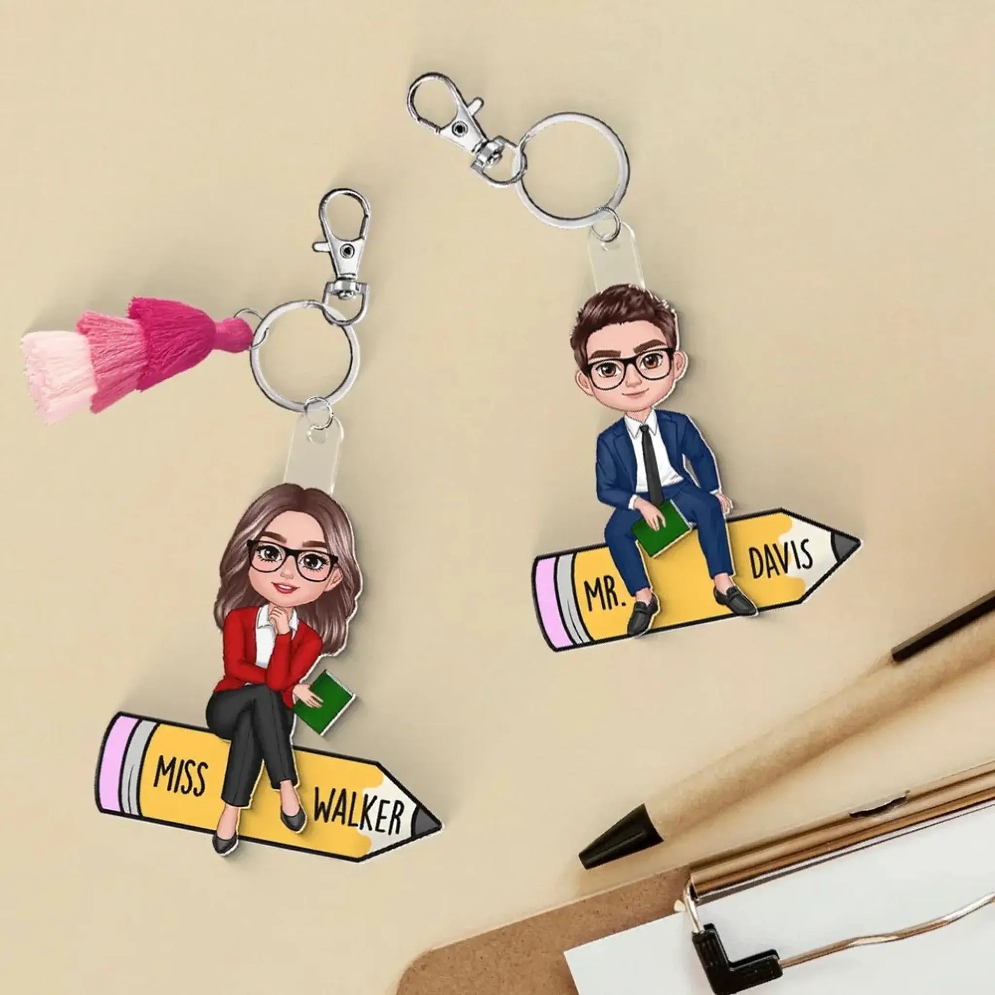 Teacher Sitting On Pencil – Personalized 2-Layer Acrylic Keychain – Custom Back To School Gift for Teachers, Classroom Accessories  Ezcustomize