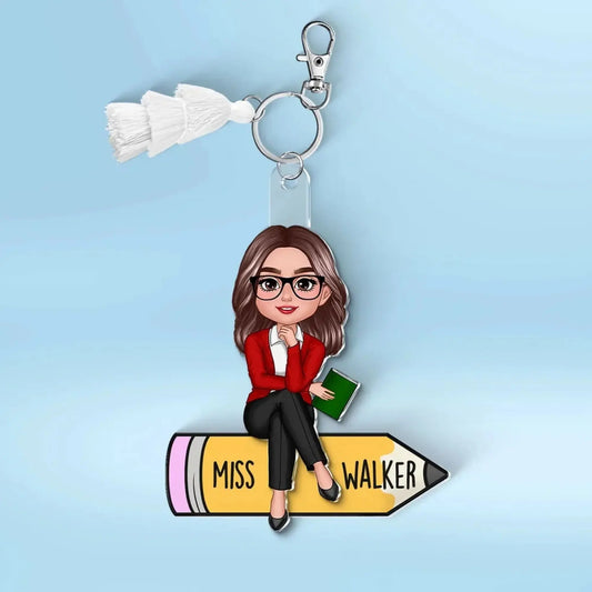 Teacher Sitting On Pencil – Personalized 2-Layer Acrylic Keychain – Custom Back To School Gift for Teachers, Classroom Accessories  Ezcustomize