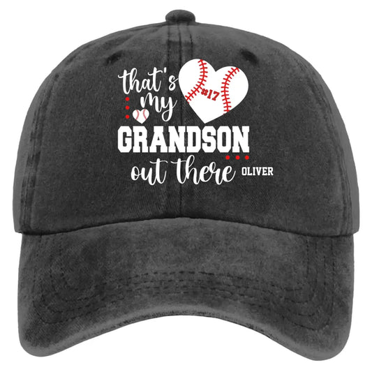 That’s My Grandson Out There Cap – Personalized Sports Hat with Name & Number – Custom Washed Denim Cap Gift for Grandpa, Dad, or Grandma  Ezcustomize