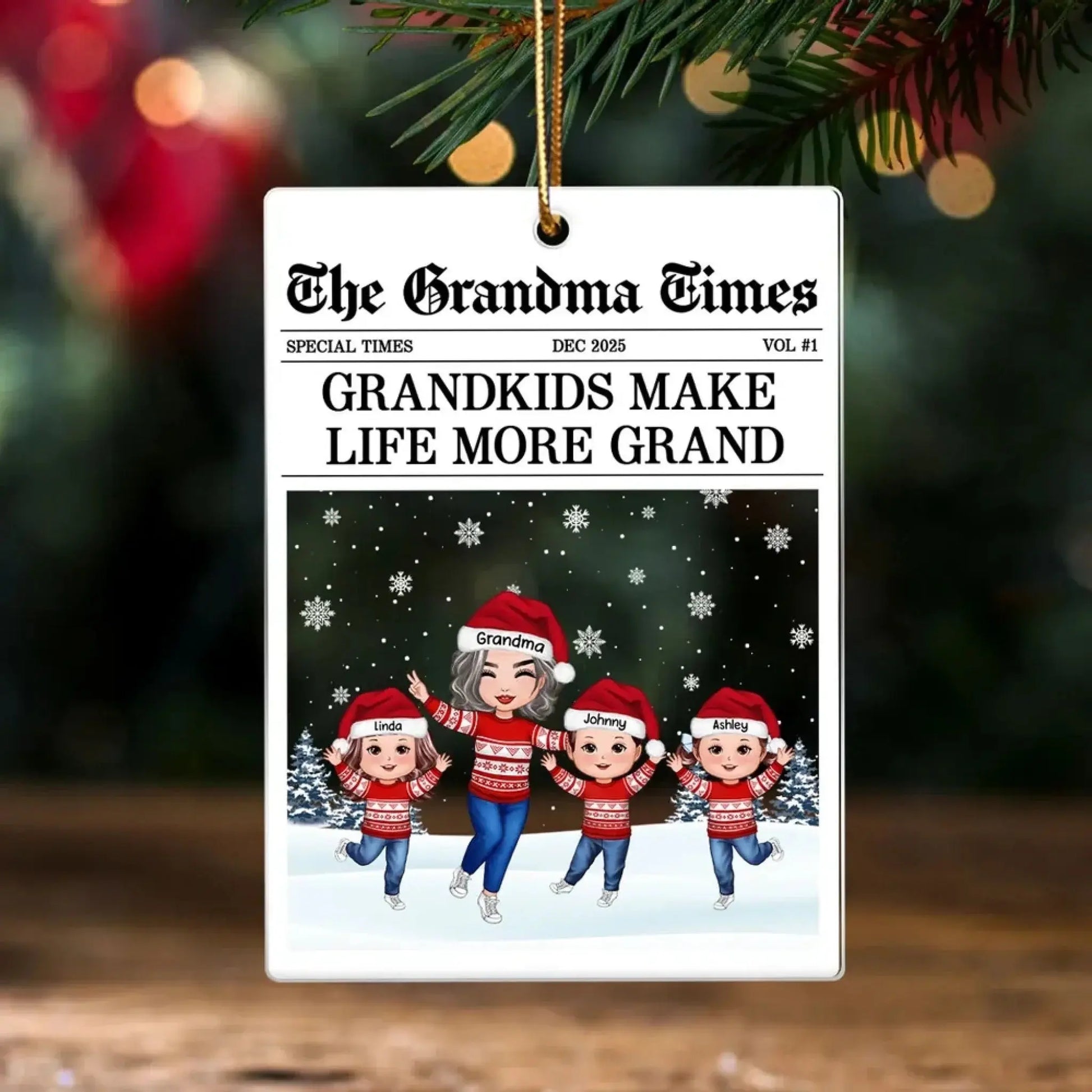 The Grandma Times Grandkids Newspaper – Personalized Acrylic Ornament – Custom Christmas Gift for Grandma  Ezcustomize