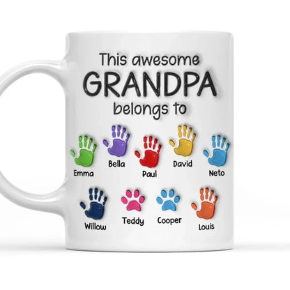 This Awesome Grandpa Belongs To Mug – Personalized 3D Handprint Coffee Cup with Kids’ Names, Custom Gift for Grandpa or Dad  Ezcustomize