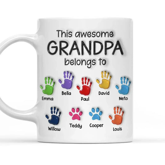 This Awesome Grandpa Belongs To Mug – Personalized 3D Handprint Coffee Cup with Kids’ Names, Custom Gift for Grandpa or Dad  Ezcustomize