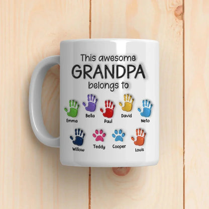 This Awesome Grandpa Belongs To Mug – Personalized 3D Handprint Coffee Cup with Kids’ Names, Custom Gift for Grandpa or Dad  Ezcustomize
