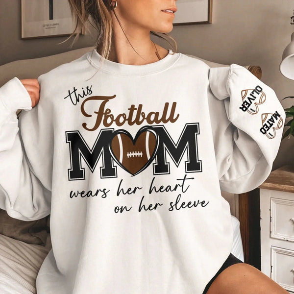 This Football Mom Wears Her Heart on Her Sleeve – Personalized Sweatshirt – Custom Game Day Outfit & Meaningful Gift for Sports Moms