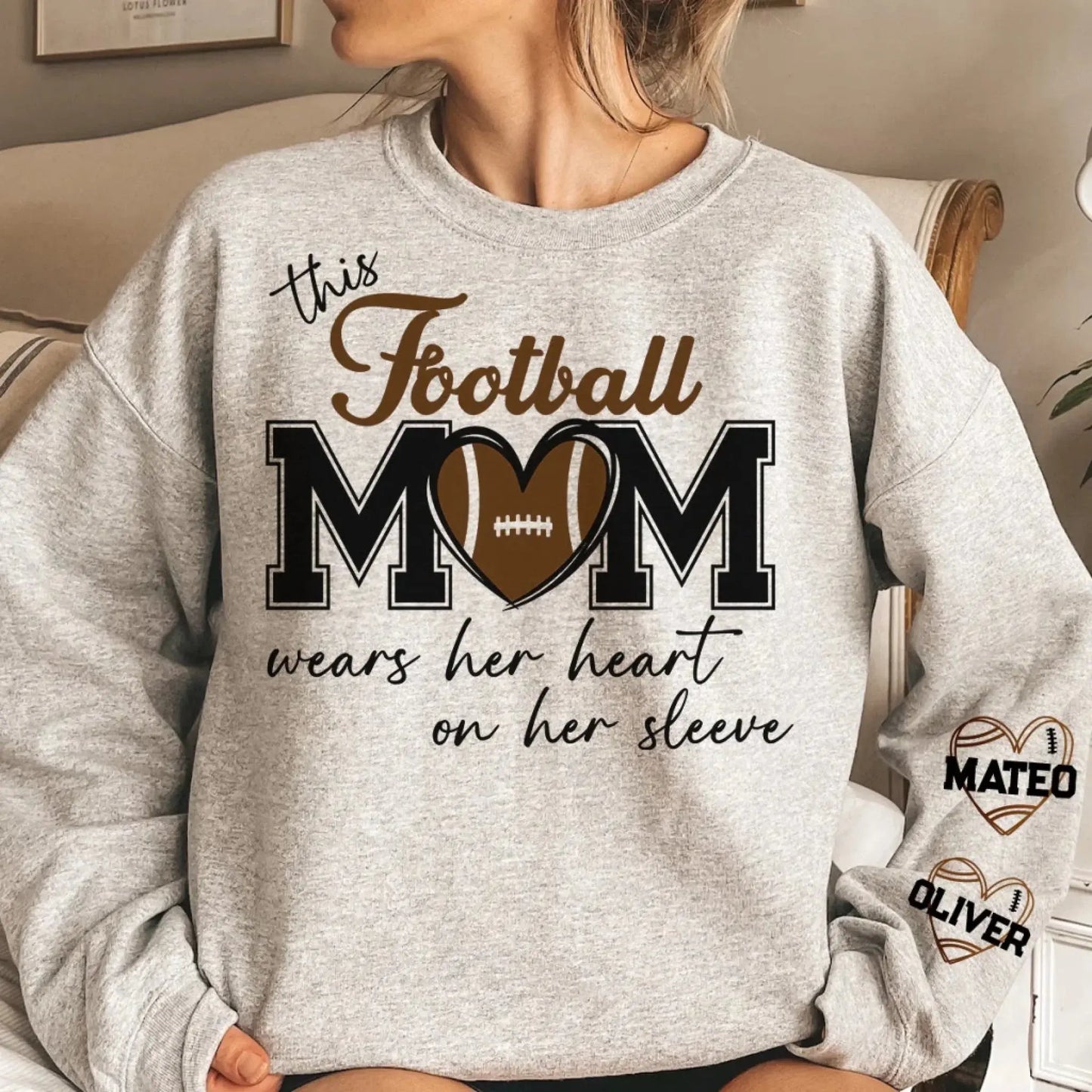 This Football Mom Wears Her Heart on Her Sleeve – Personalized Sweatshirt – Custom Game Day Outfit & Meaningful Gift for Sports Moms  Ezcustomize