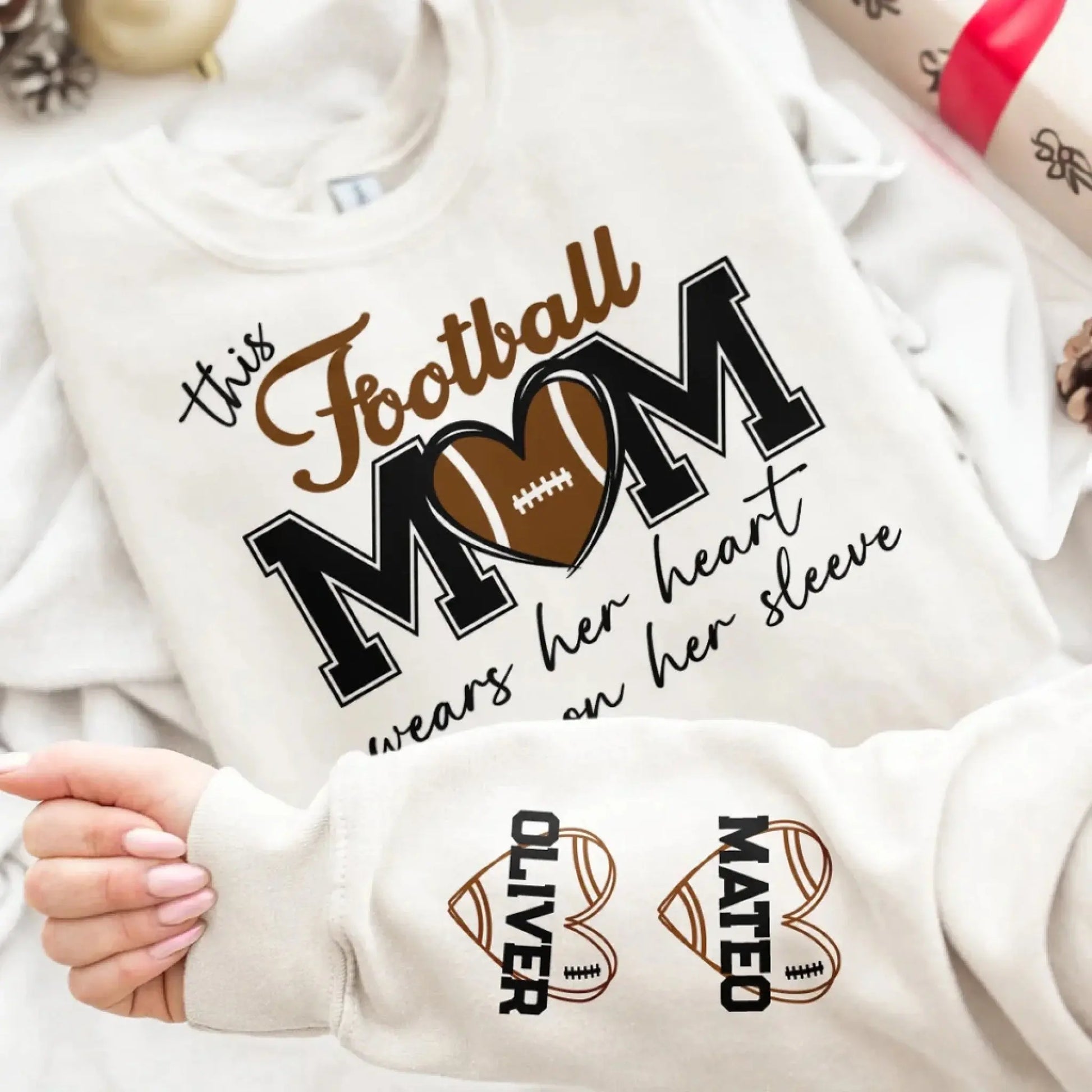 This Football Mom Wears Her Heart on Her Sleeve – Personalized Sweatshirt – Custom Game Day Outfit & Meaningful Gift for Sports Moms  Ezcustomize