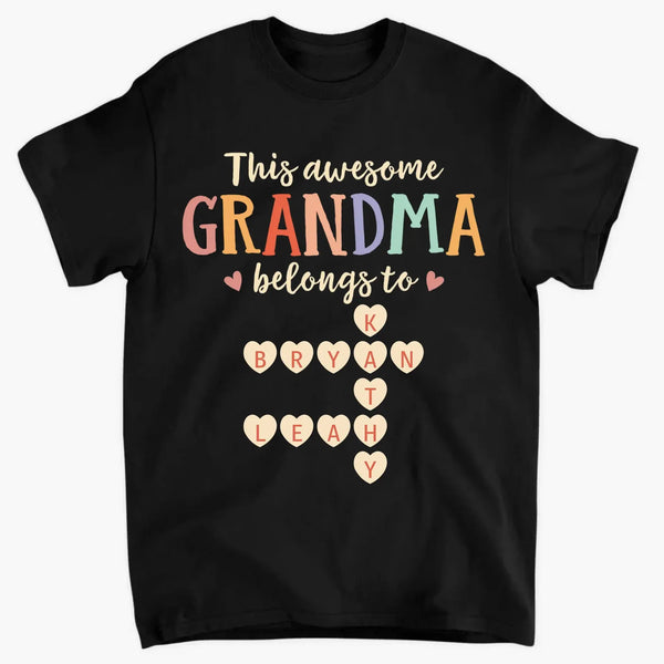 This Grandma Belongs To – Personalized Grandkids Heart Crossword Puzzle Shirt, Custom Gift for Loving Grandmothers