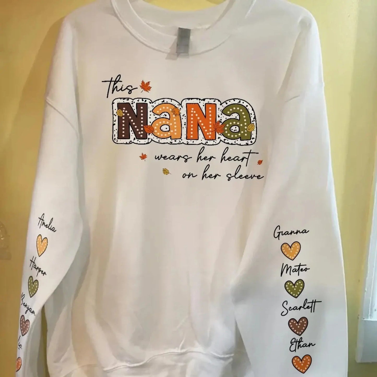This Grandma Wears Her Heart on Her Sleeve – Personalized Sleeve Print Sweatshirt – Fall Season Gift for Grandma/Mama  Ezcustomize